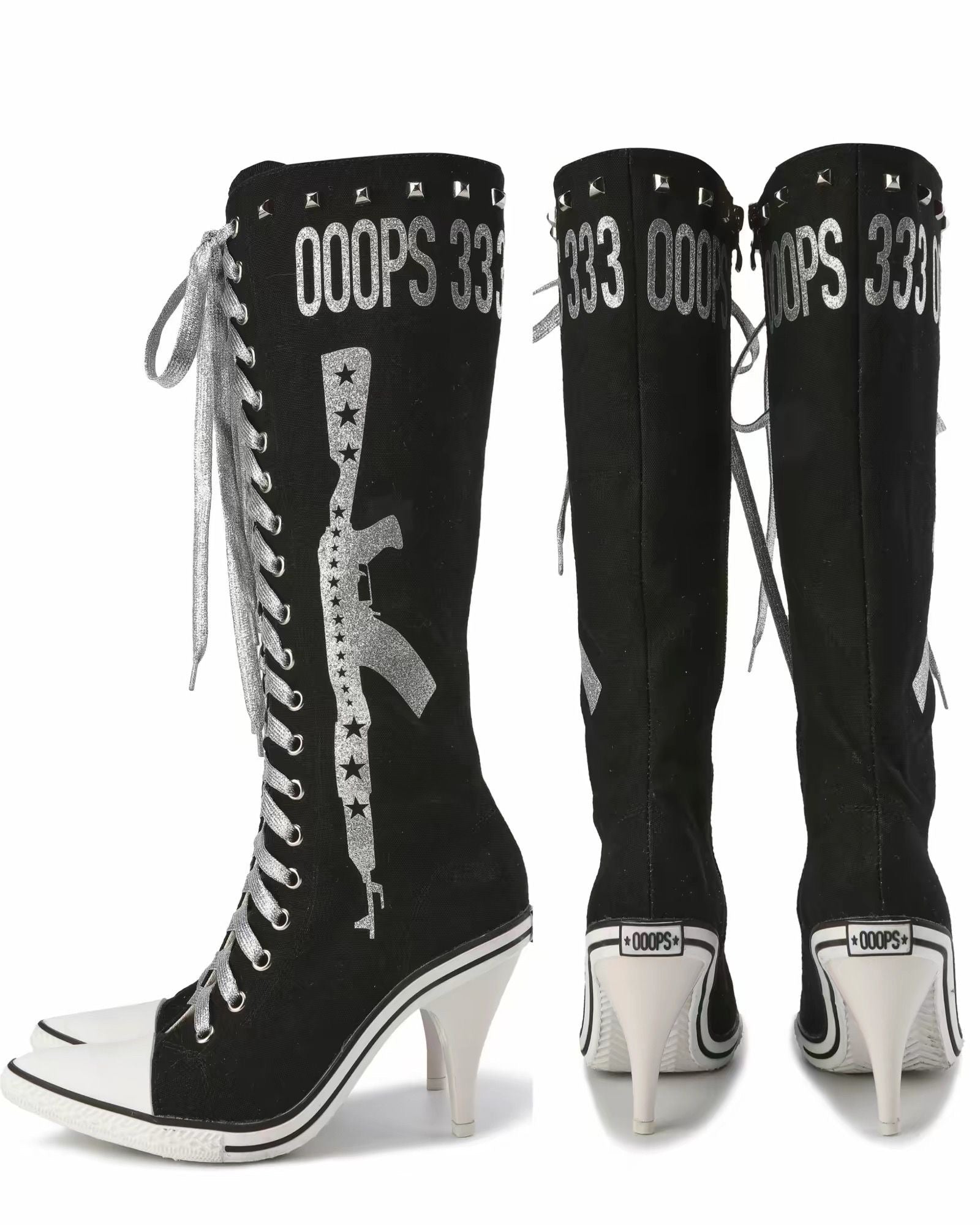 Black knee-high boots with white soles and 'DOOPS 333' text on a white background