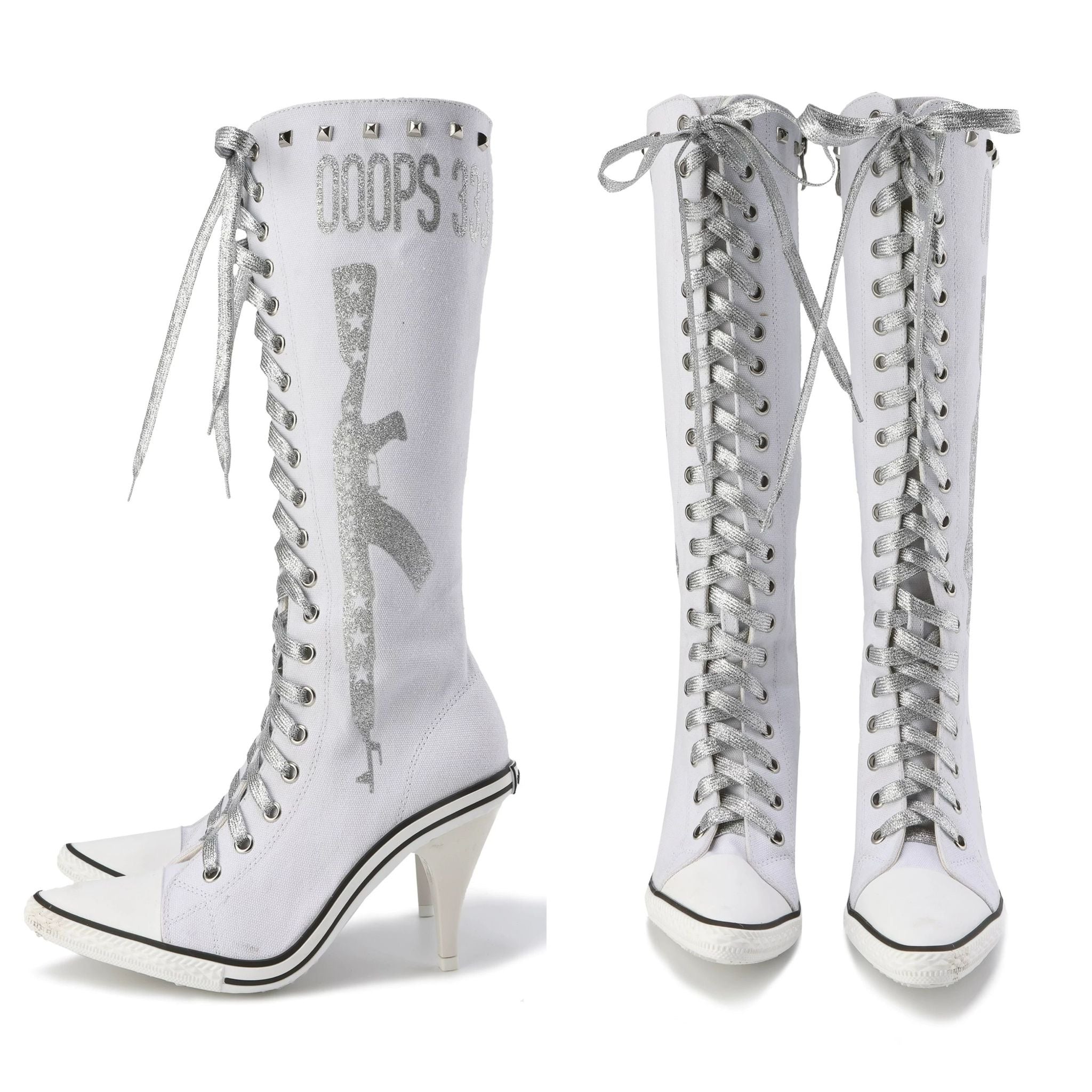 White high-heeled boots with silver laces and text on a white background