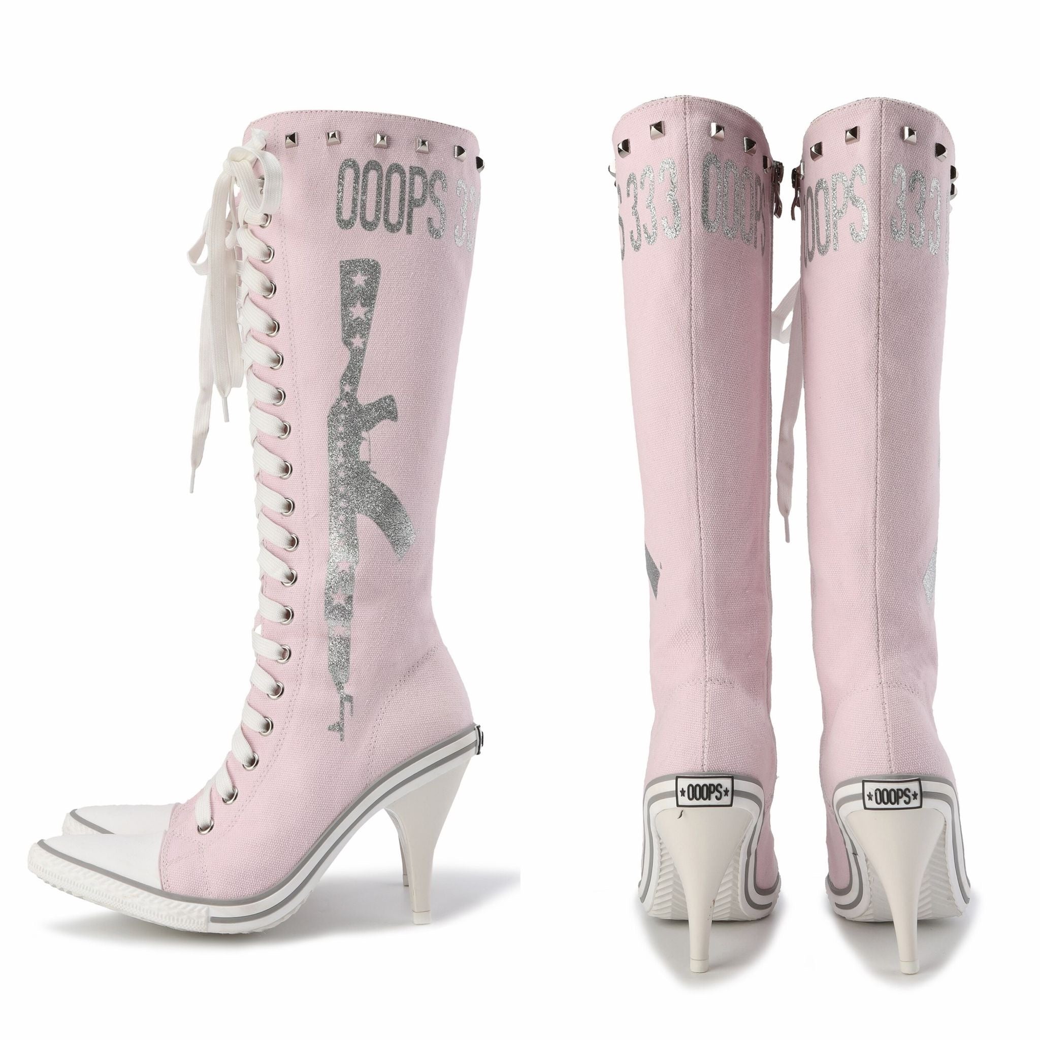 Pink high-heeled boots with 'COOPS' branding on a white background