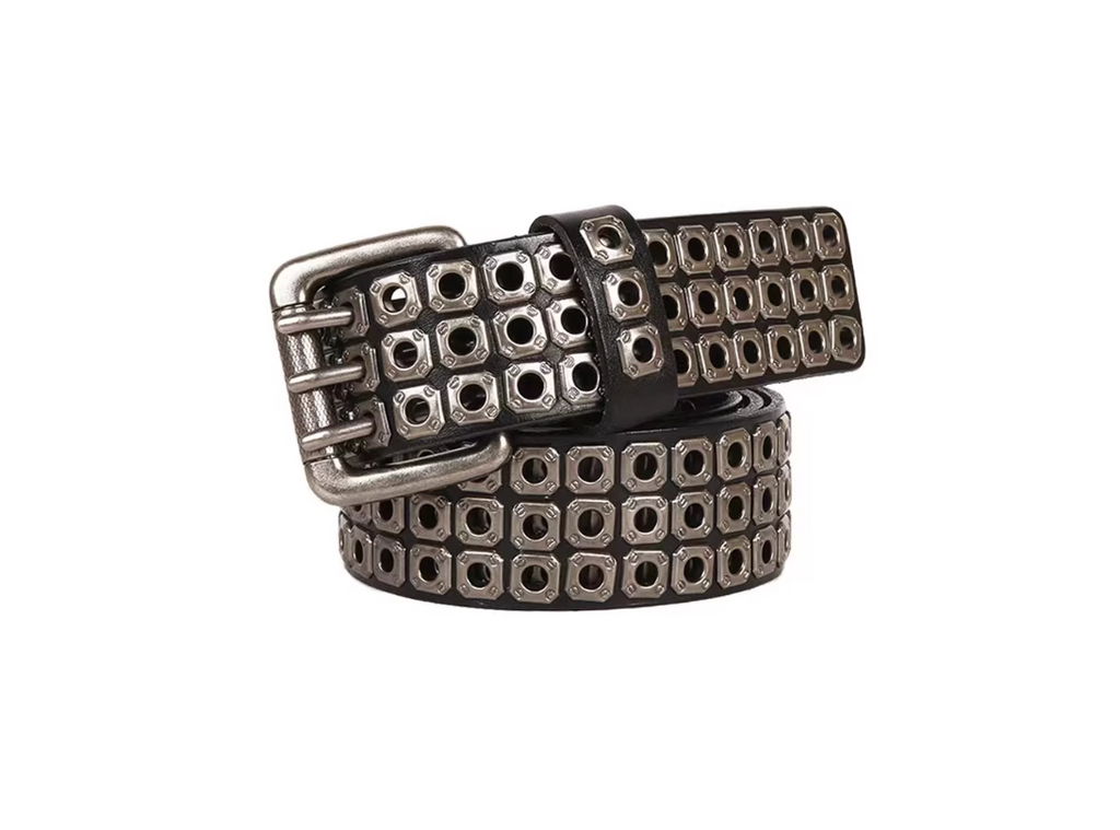 Patterned belt with a silver buckle on a white background