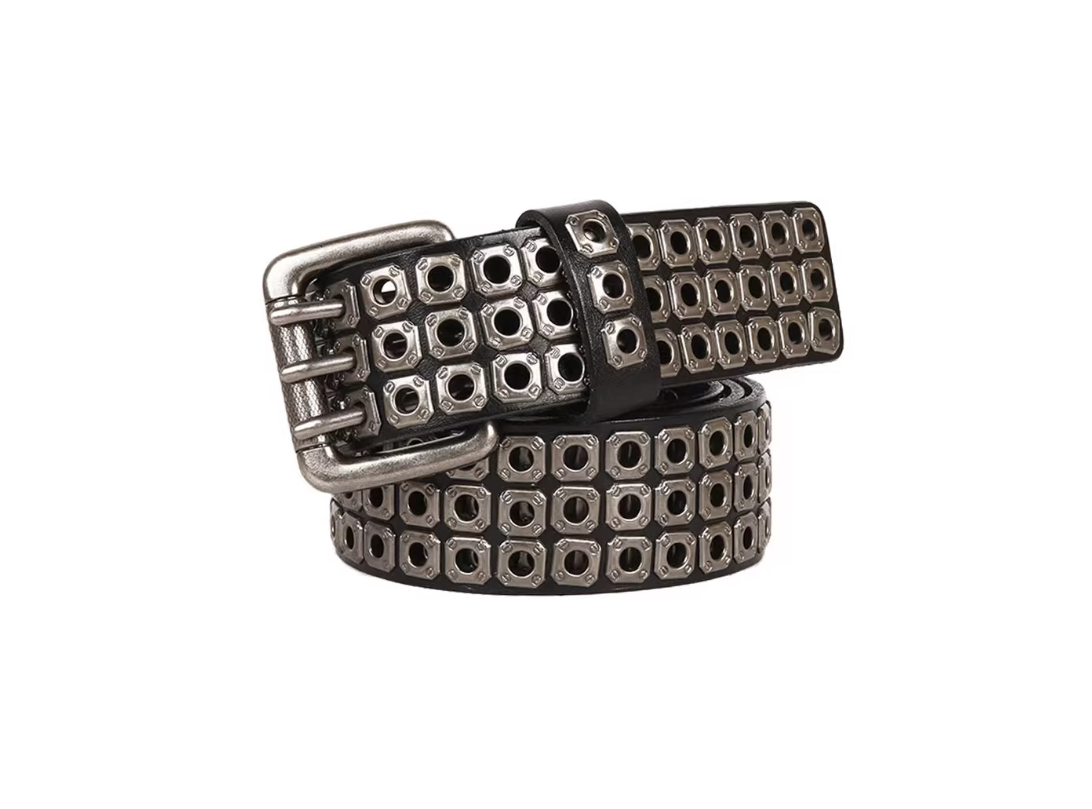 Patterned belt with a silver buckle on a white background