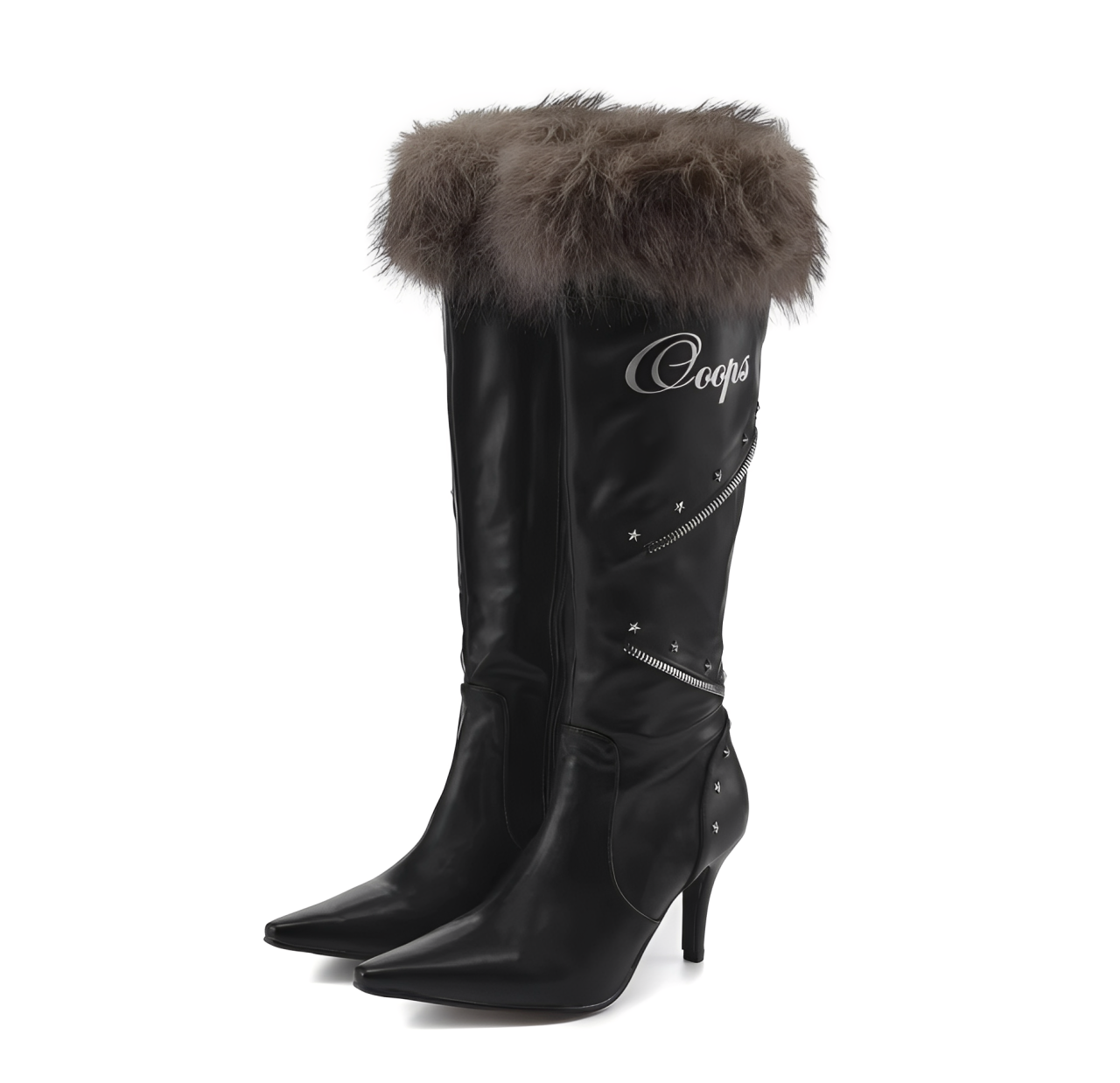 Black knee-high boots with fur trim and 'Coque' branding on a white background