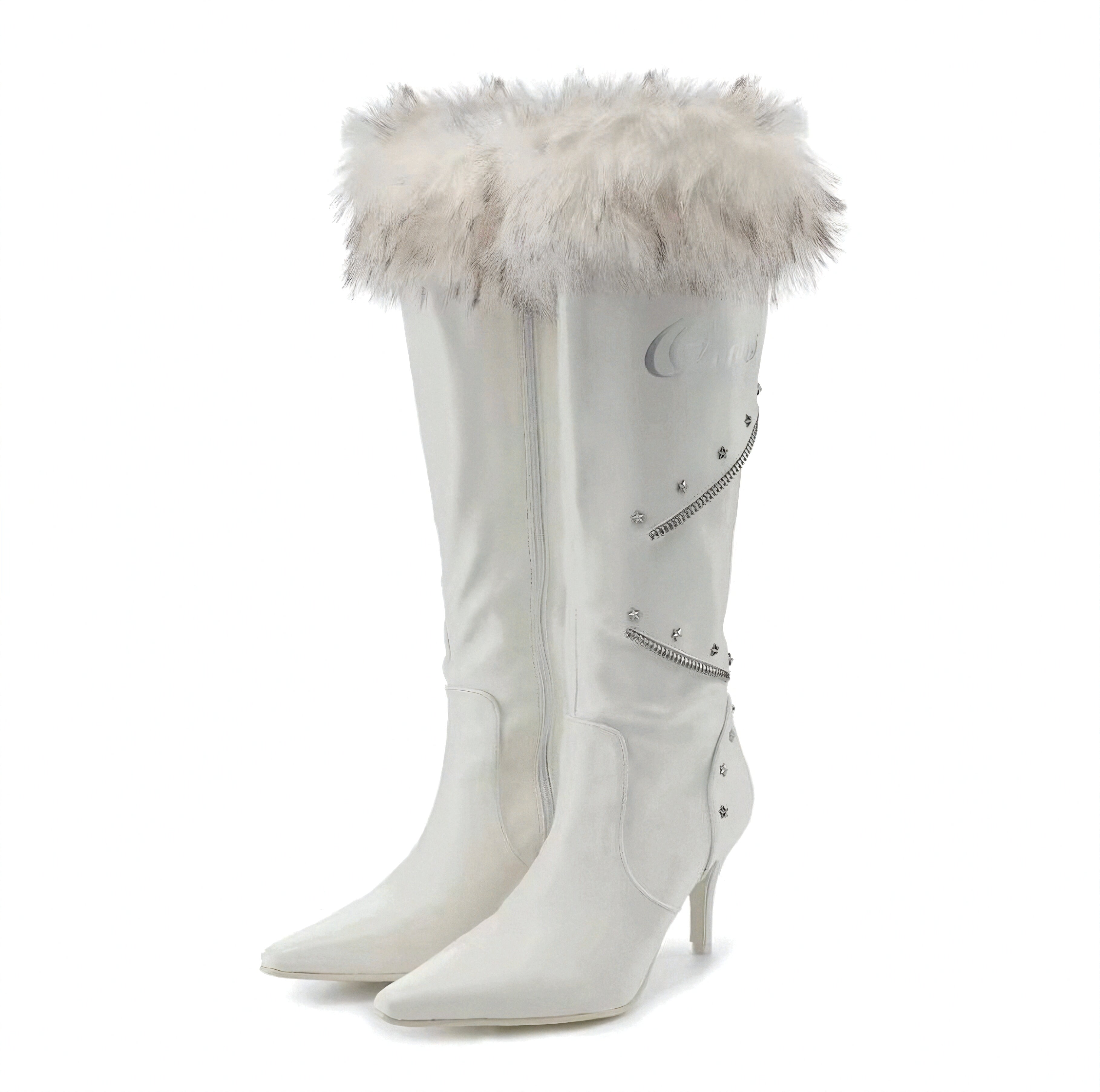 White knee-high boots with fur trim on a white background