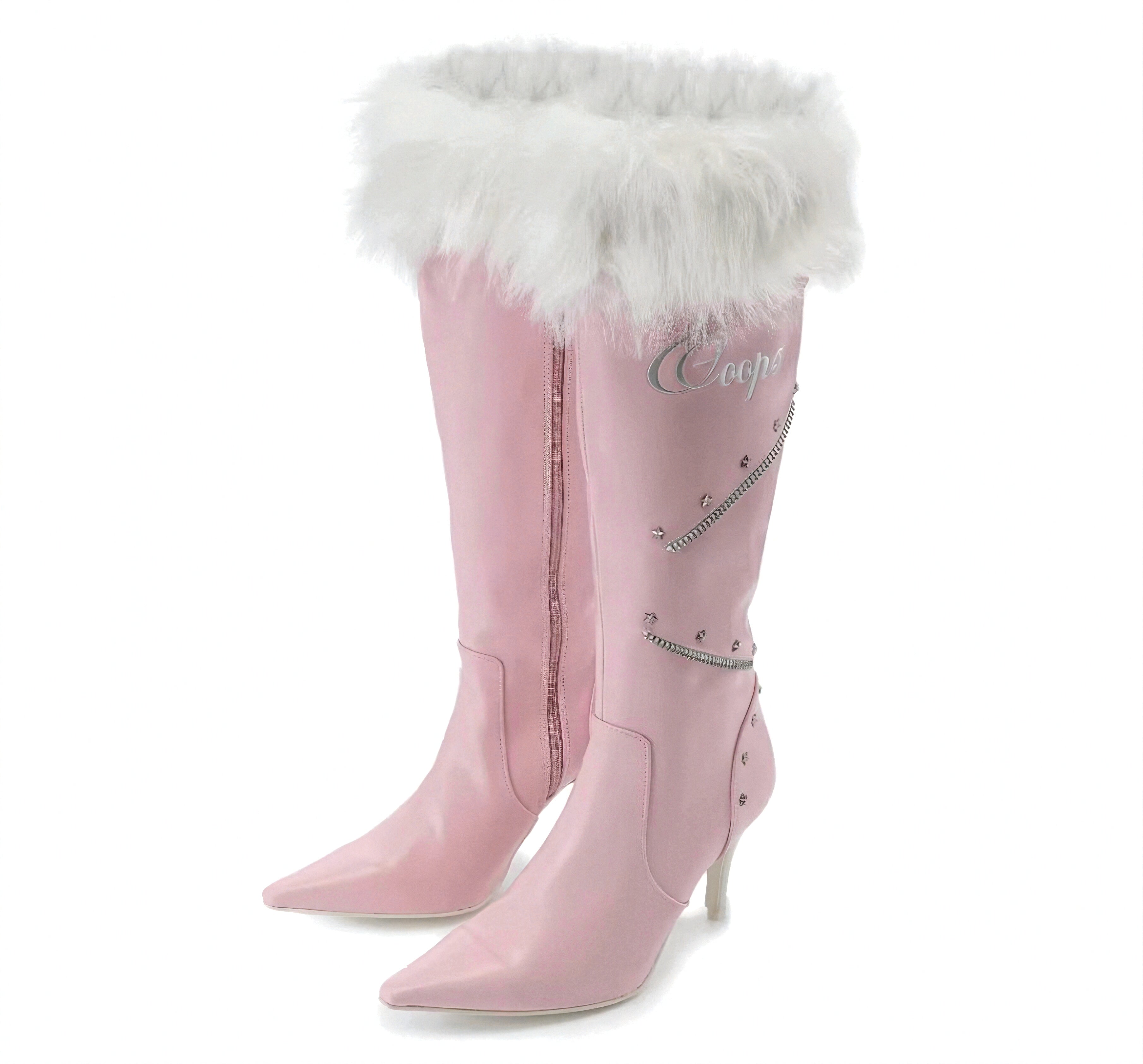 Pink knee-high boots with white fur cuffs on a white background