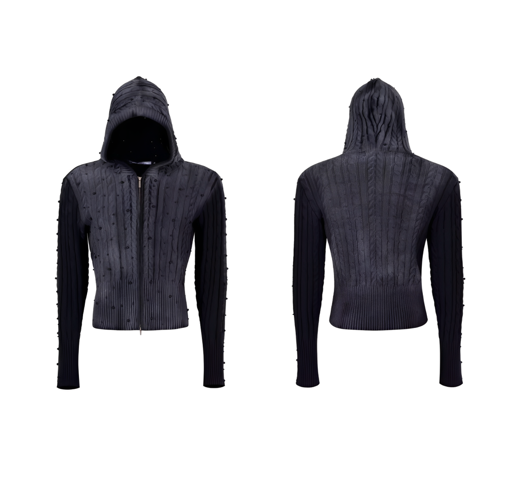 Black hooded jacket shown from front and back on a white background