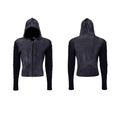 Black hooded jacket shown from front and back on a white background