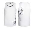 White sleeveless shirt with black tribal designs on a white background