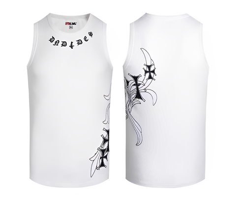 White sleeveless shirt with black tribal designs on a white background