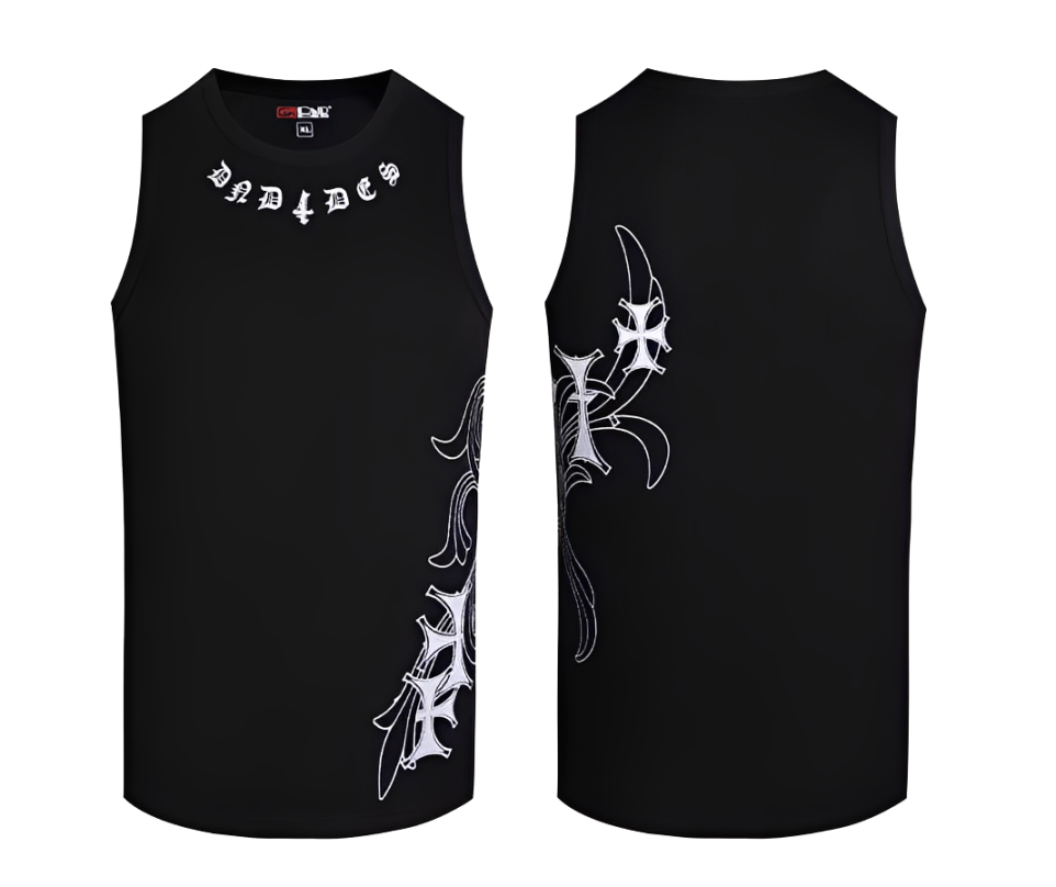 Black tank top with white designs on a white background