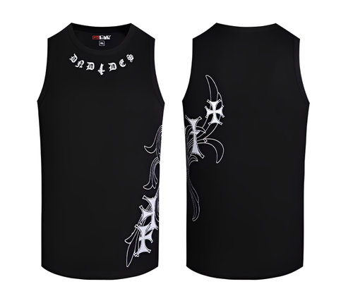 Black tank top with white designs on a white background