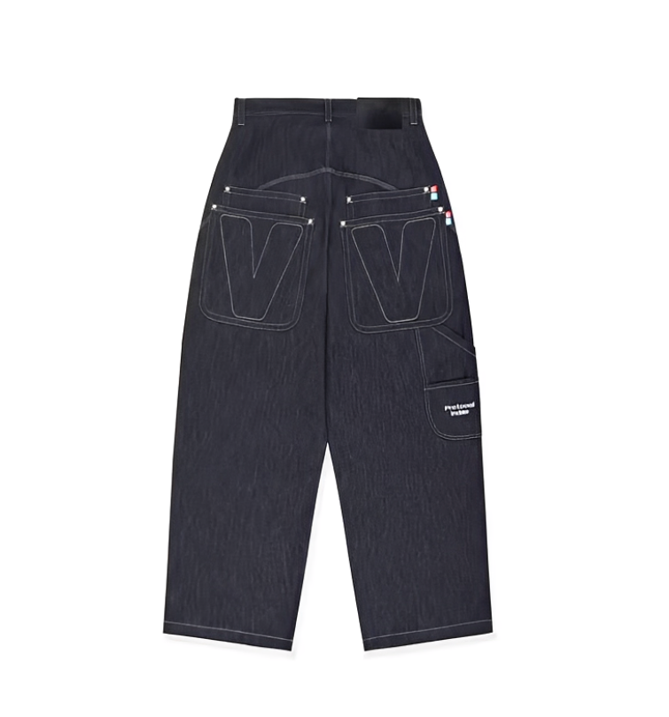 Black denim pants with large front pockets on a white background
