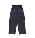 Black denim pants with large front pockets on a white background