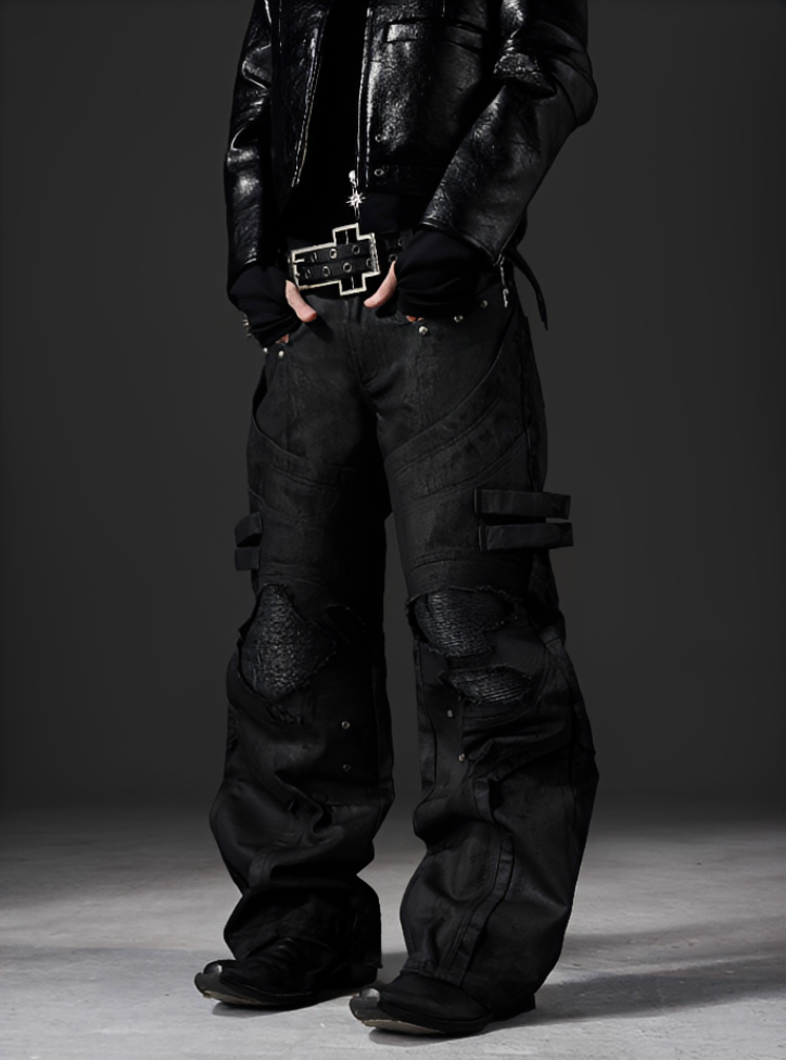Waxed Ripped Biker Baggy Pants