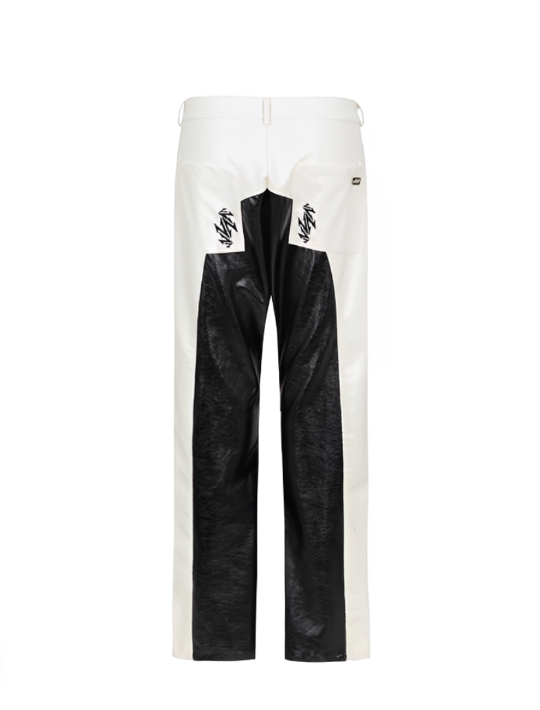 Black and white pants with unique design on a white background