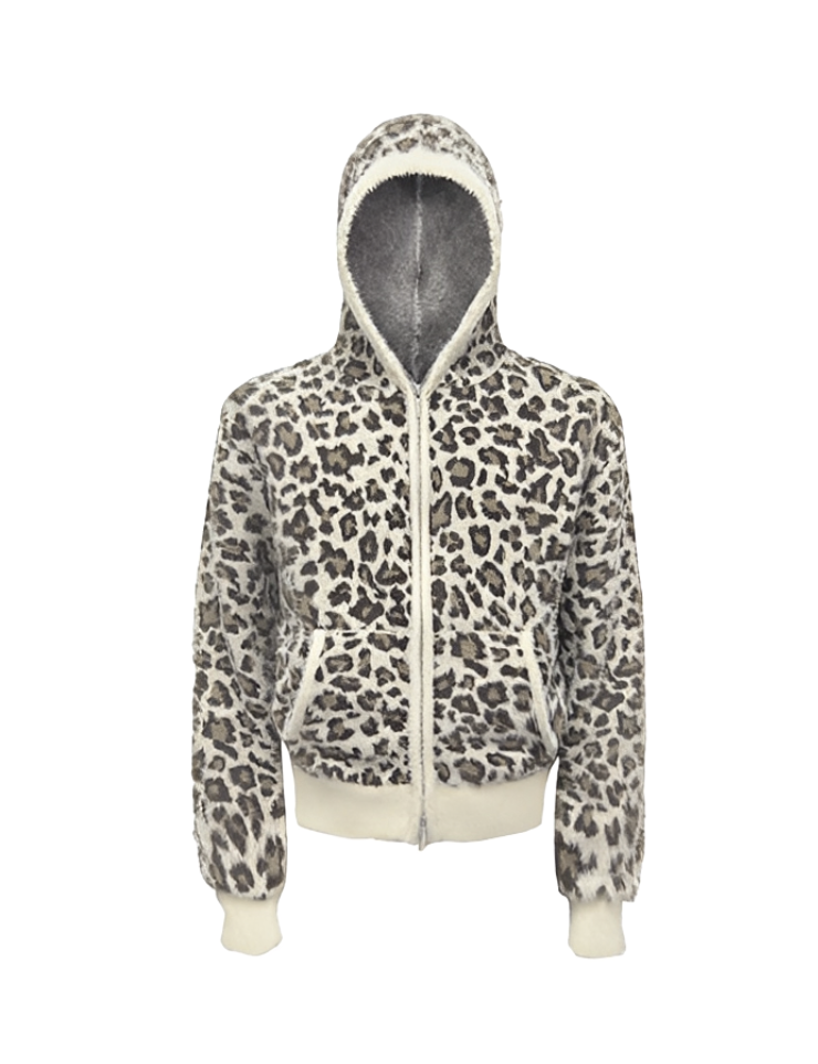 Leopard Print Furry Zip-on Hoodie