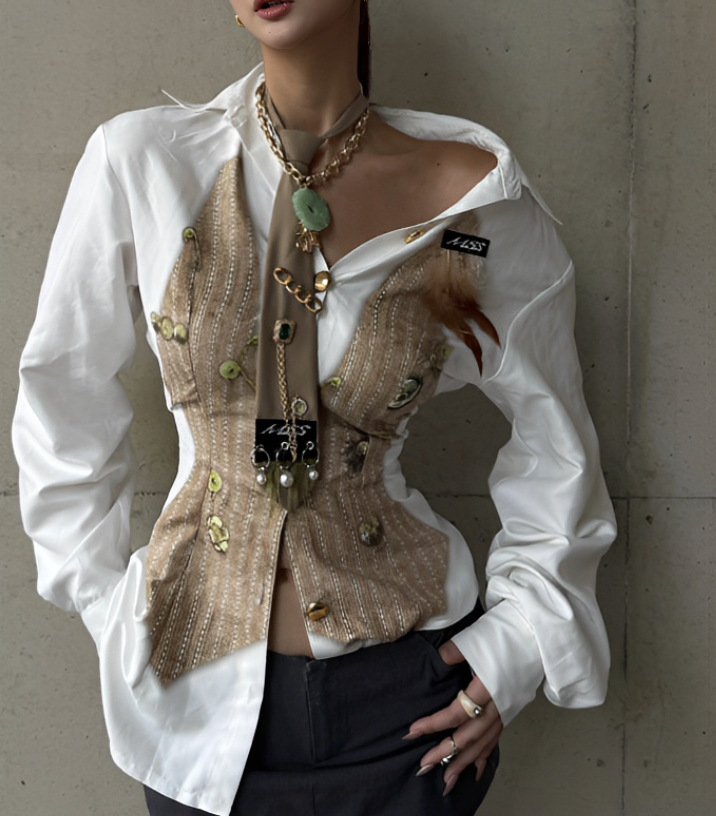 Printed White Shirt w/ Shoulder Pads