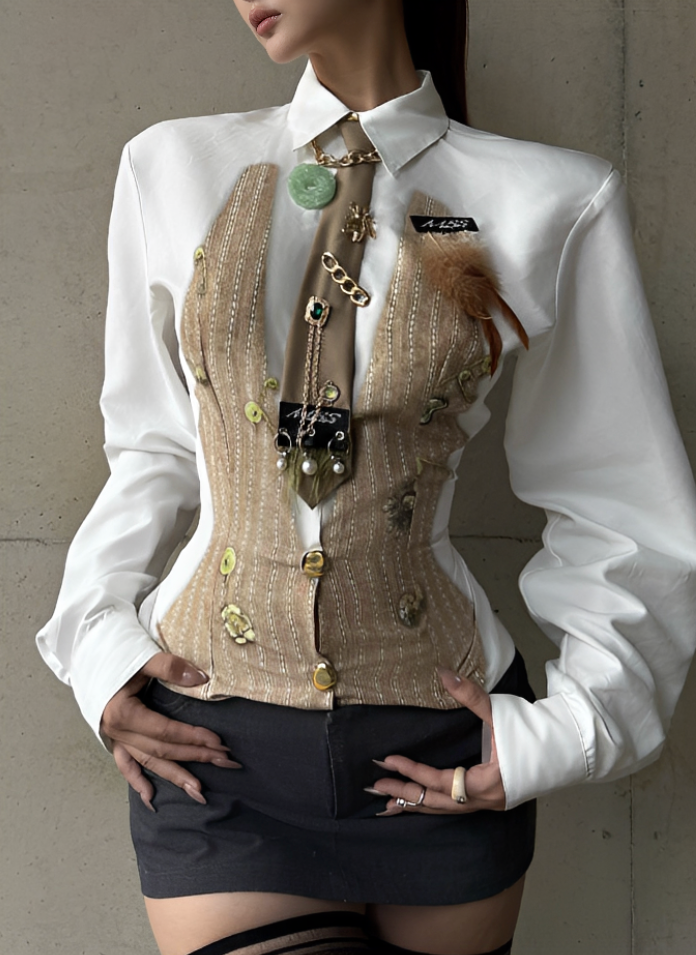 Printed White Shirt w/ Shoulder Pads