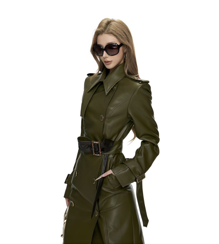 Olive Army Leather Overcoat