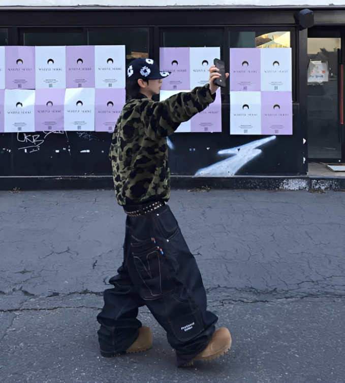 Person taking a selfie in front of a wall with posters, wearing a patterned jacket and dark pants.