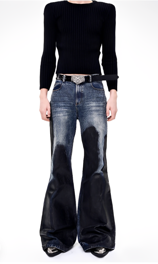 Waxed Denim Destructed Flare Pants
