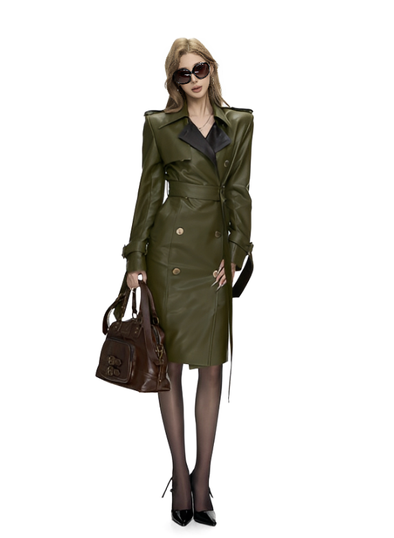 Olive Army Leather Overcoat