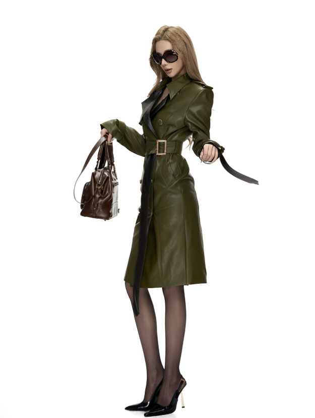 Olive Army Leather Overcoat